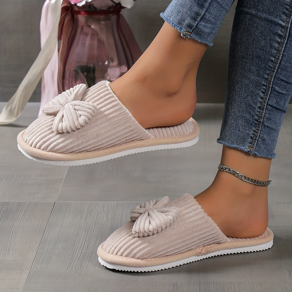 [Cozy Slippers] Cozy Fleece-Lined Women's Slip-On Winter Slippers | Soft All-Season Indoor House Shoes for Home & Couples, Casual Slip-On Design with Bow Detail, EVA Sole
