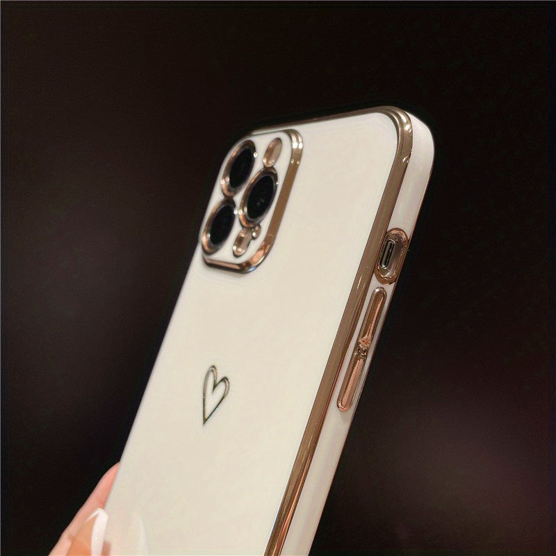Plating Love Heart Shockproof Soft Phone Case for iPhone 14 13 12 11 Pro Max Plus Lens Camera Protective Cover