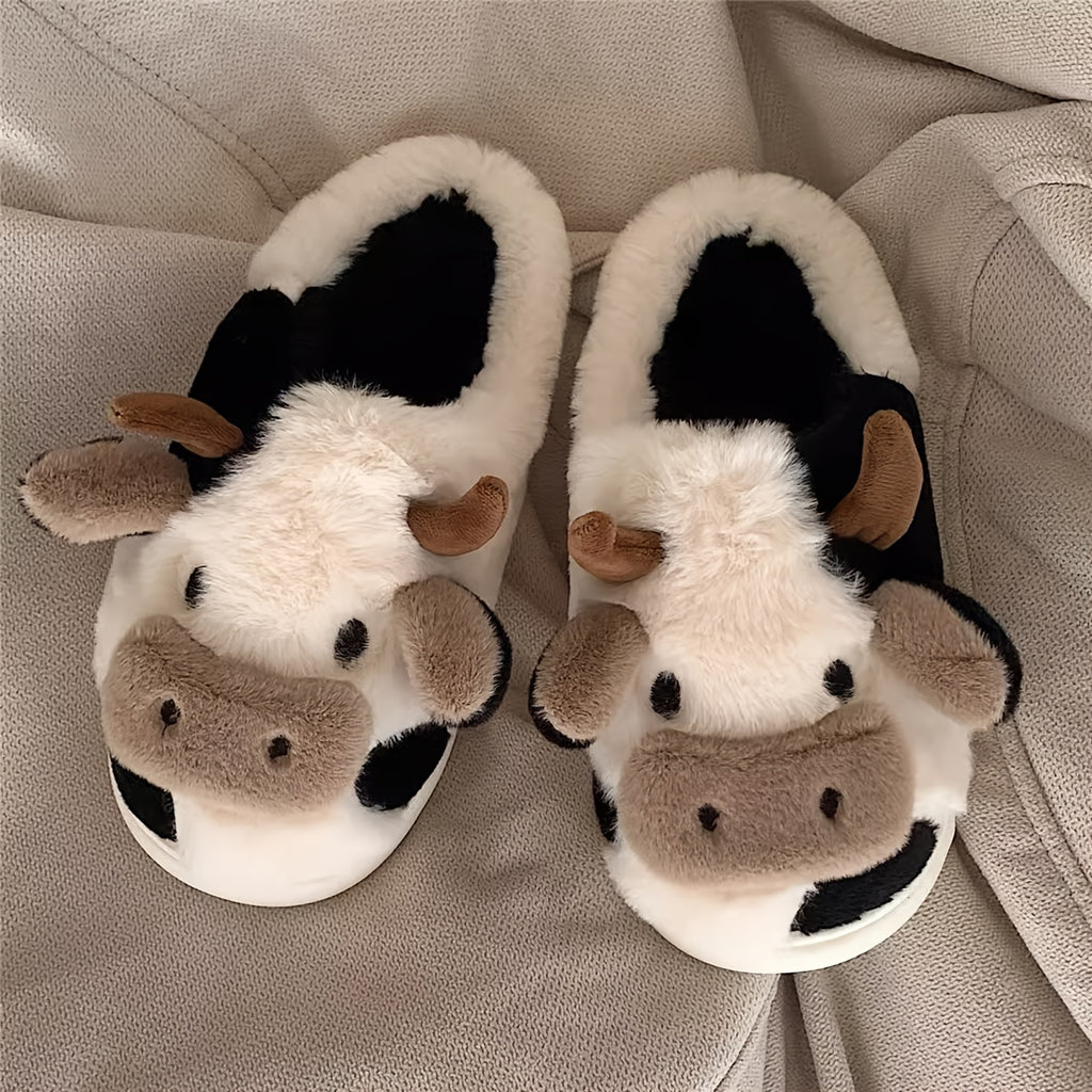 Cute Cartoon Cow Slippers, Winter Warm Plush Indoor Home Shoes, Unisex Half Slipper with TPR Sole, Fabric Insole & Lining, All-Season Cozy Footwear