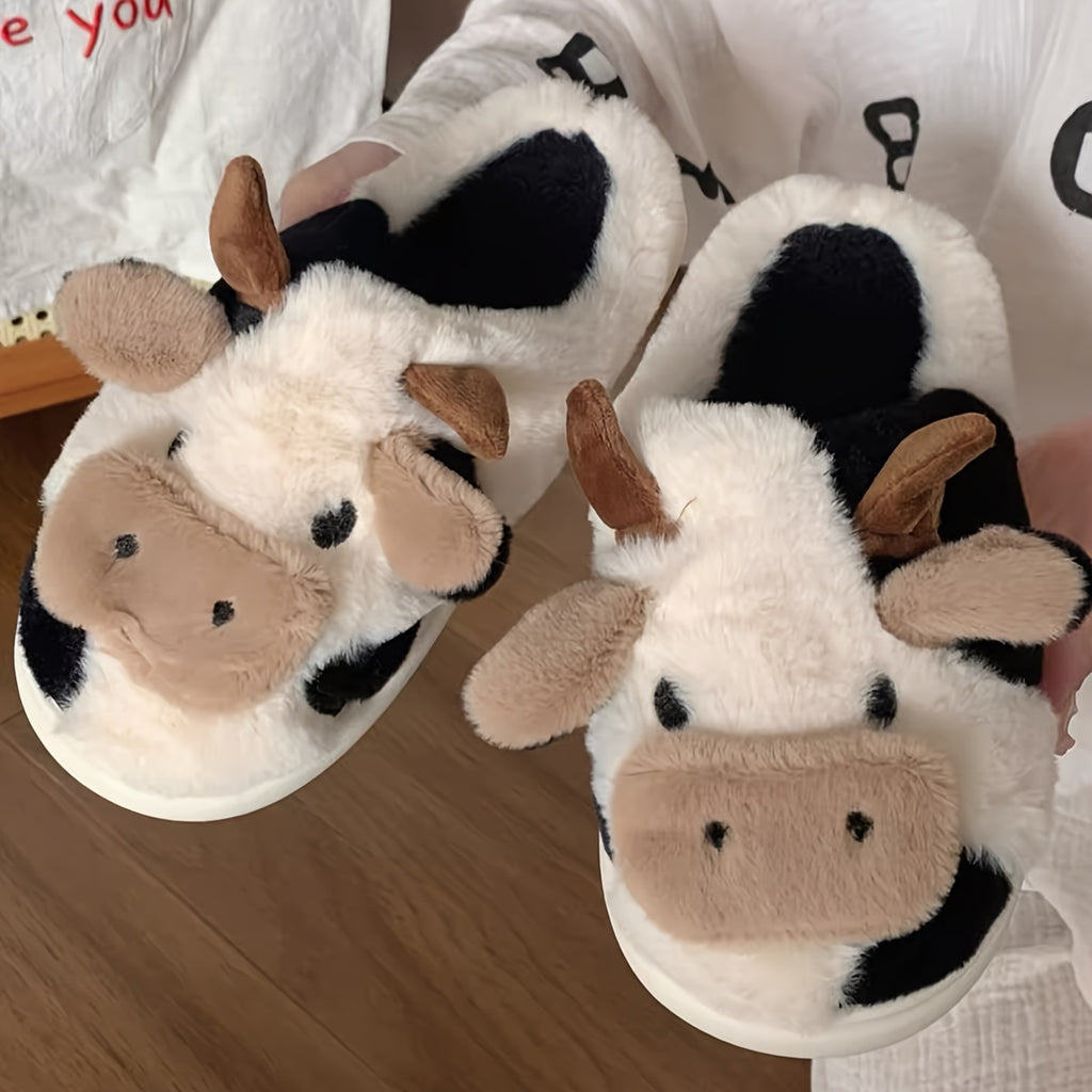 Cute Cartoon Cow Slippers, Winter Warm Plush Indoor Home Shoes, Unisex Half Slipper with TPR Sole, Fabric Insole & Lining, All-Season Cozy Footwear