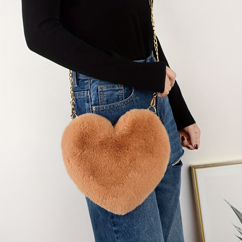 Heart Shaped Plush Bag, Women's Chain Crossbody Bag, Kawaii Zipper Purse For Valentine's Day