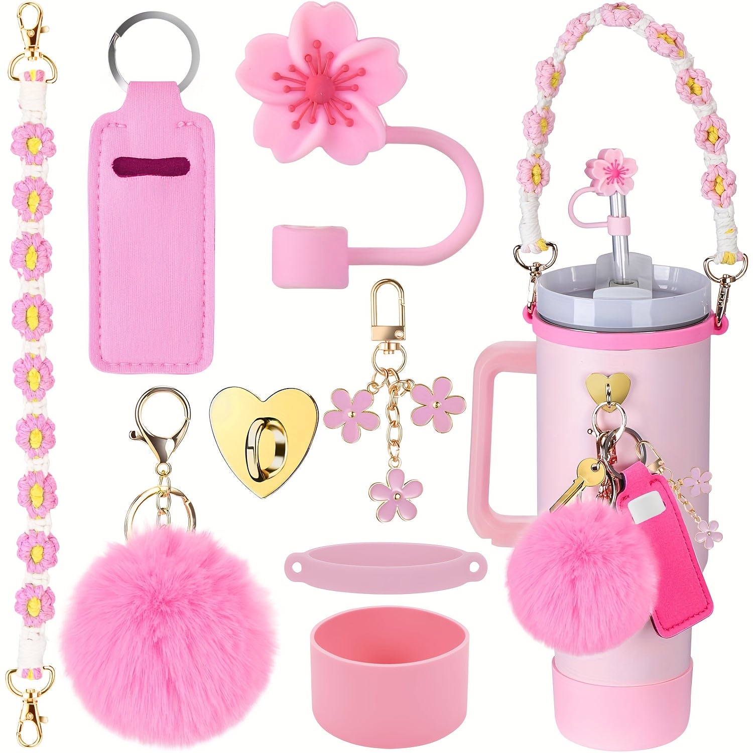 8pcs Cup 30oz 40oz Tumbler Accessories with Handle, Includes Water Bottle Handle Strap, Lipstick Case, Boots, Keychain Charm, Straw Top (Purple)