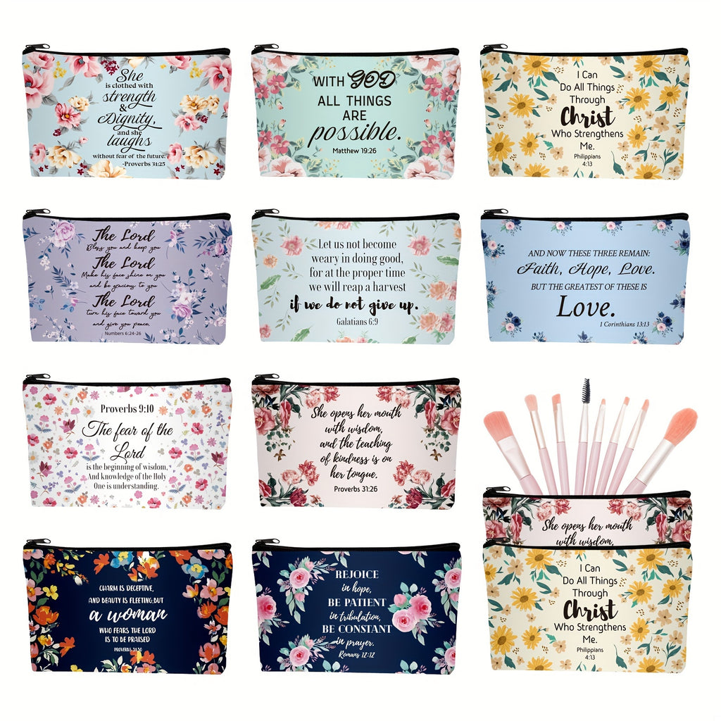 10 Pcs Christian Makeup Bag Bible Pencil Pouch Cover Floral Cosmetic Bags Set Inspirational Religious Gifts Study Supplies For Women, Adults