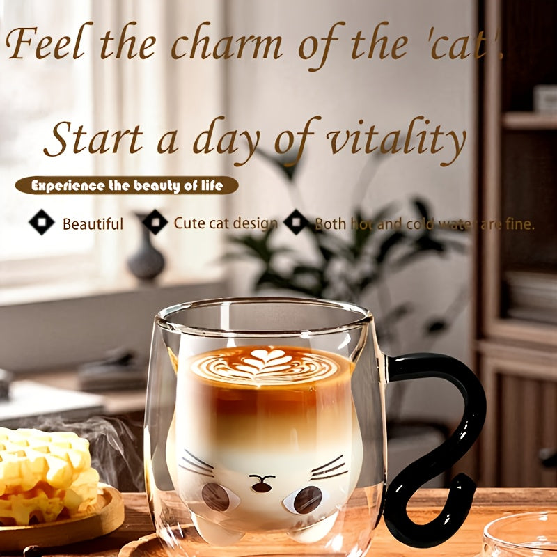 1pc Cute Kawaii Cat Coffee Mug with Double-Wall Insulated Glass Cup, Japanese-Style Brown & White Cat Face Design, Reusable Thermal Cup for Hot/Cold Drinks, Lid Compatible, Perfect Birthday/Christmas Gift for Women & Girls, M