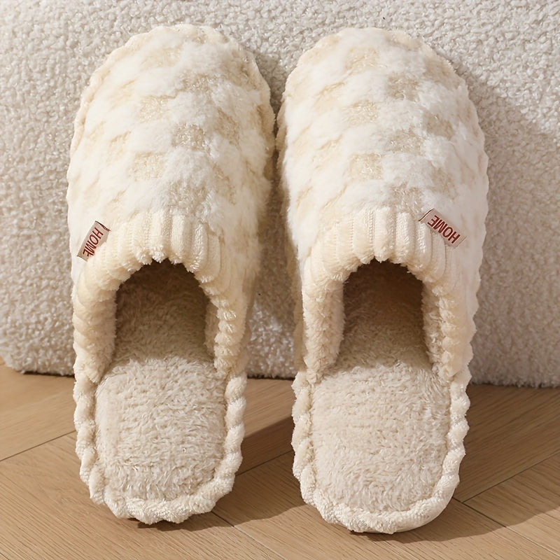 [Cozy Plush Slippers] Soft & Warm Women's Winter Plush Slippers | Cozy Chic Indoor Comfort with Non-Slip PVC Sole, Cream Cuff Detail, Hand Washable