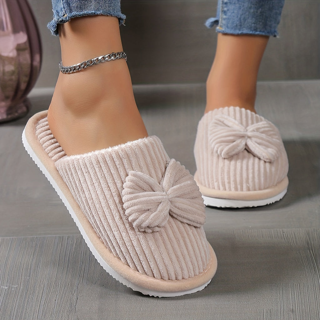[Cozy Slippers] Cozy Fleece-Lined Women's Slip-On Winter Slippers | Soft All-Season Indoor House Shoes for Home & Couples, Casual Slip-On Design with Bow Detail, EVA Sole