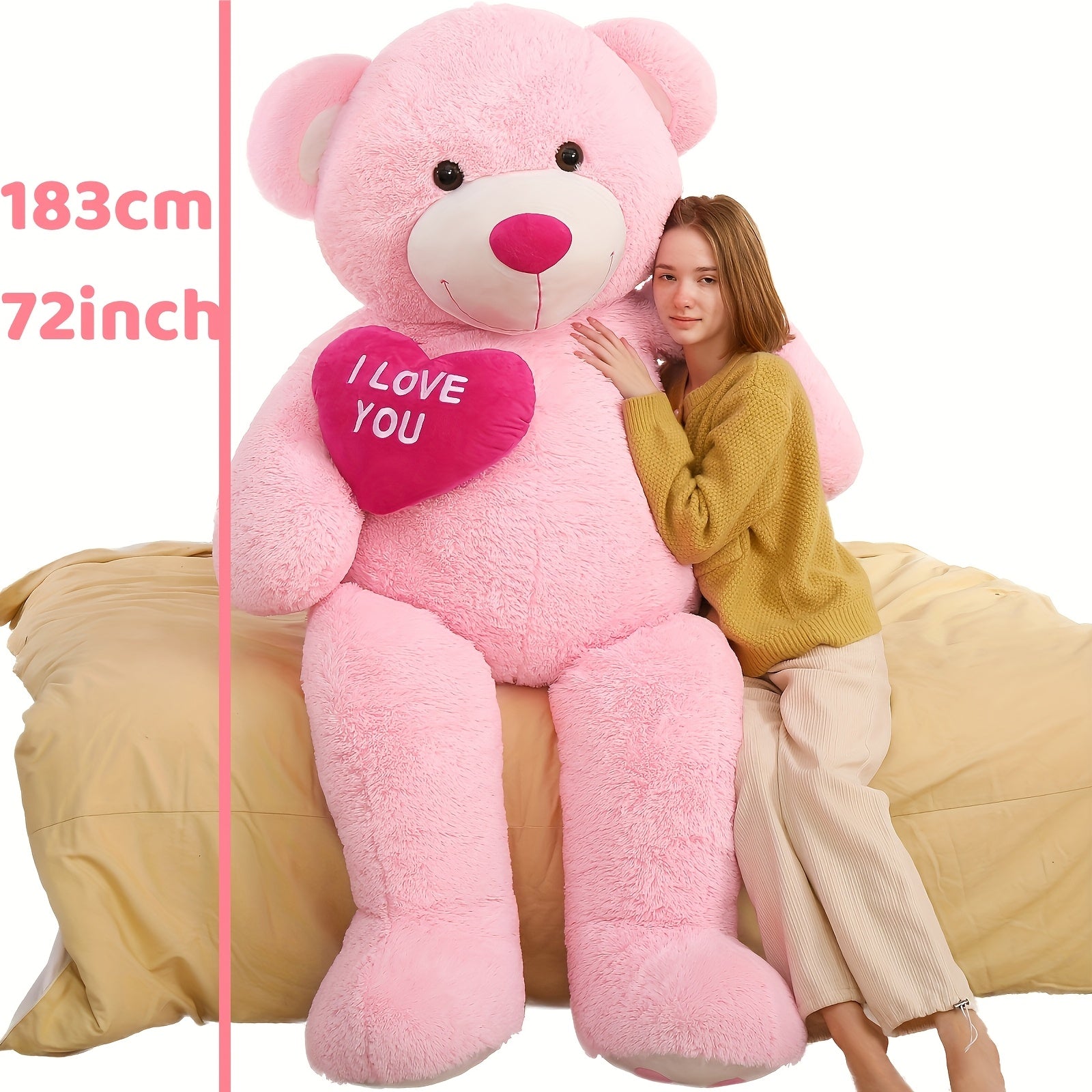 Giant Pink Teddy Bear with Heart, 6ft Polyester Fiber Stuffed Animal, "I Love You" Message, Perfect for Girlfriend, Boyfriend, Wife, Anniversary, Valentine's Day Gift, Stuffed Plushies