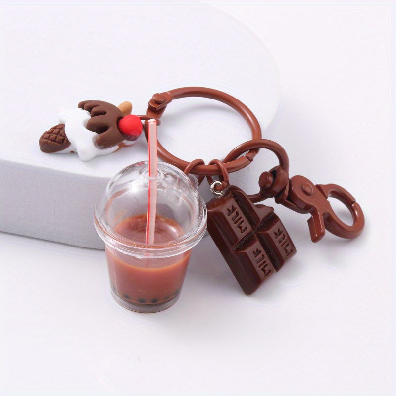 Cartoon Boba Tea Chocolate Keychain Resin Cute Key Ring Purse Bag Backpack Car Key Charm Women  Christmas Gift
