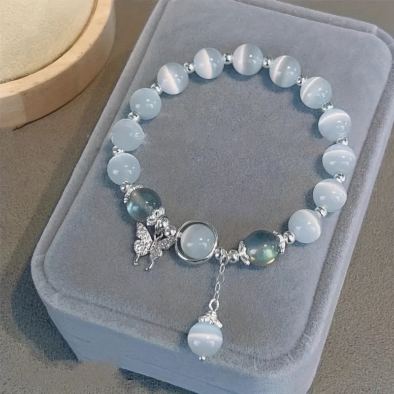 Cute Glass Beaded 1pc Cat Eye Stone Bracelet - With Butterfly Charm - Perfect Gift