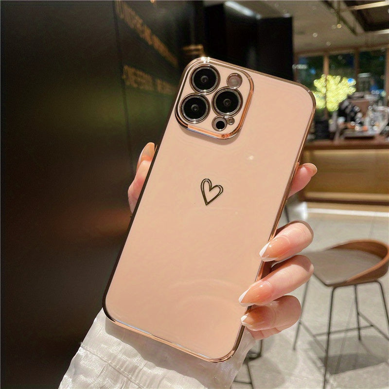 Plating Love Heart Shockproof Soft Phone Case for iPhone 14 13 12 11 Pro Max Plus Lens Camera Protective Cover