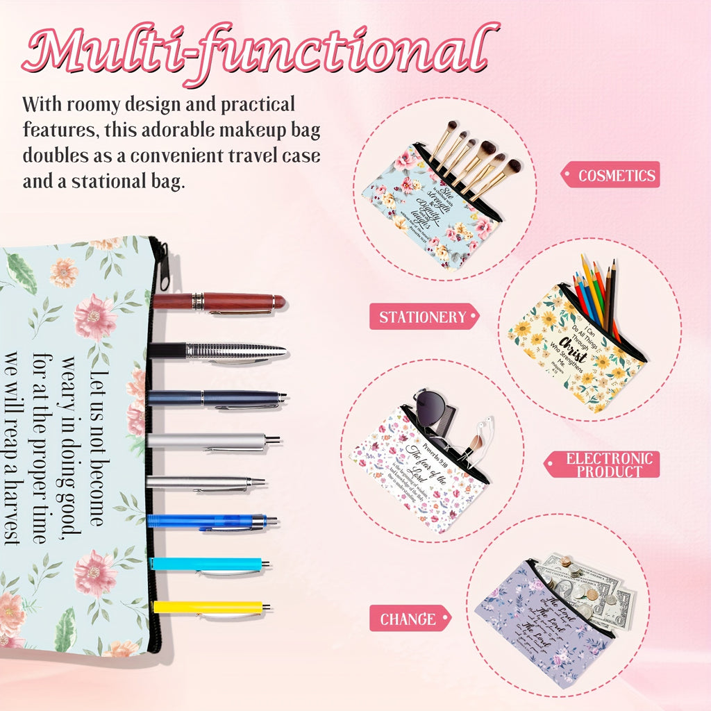 10 Pcs Christian Makeup Bag Bible Pencil Pouch Cover Floral Cosmetic Bags Set Inspirational Religious Gifts Study Supplies For Women, Adults