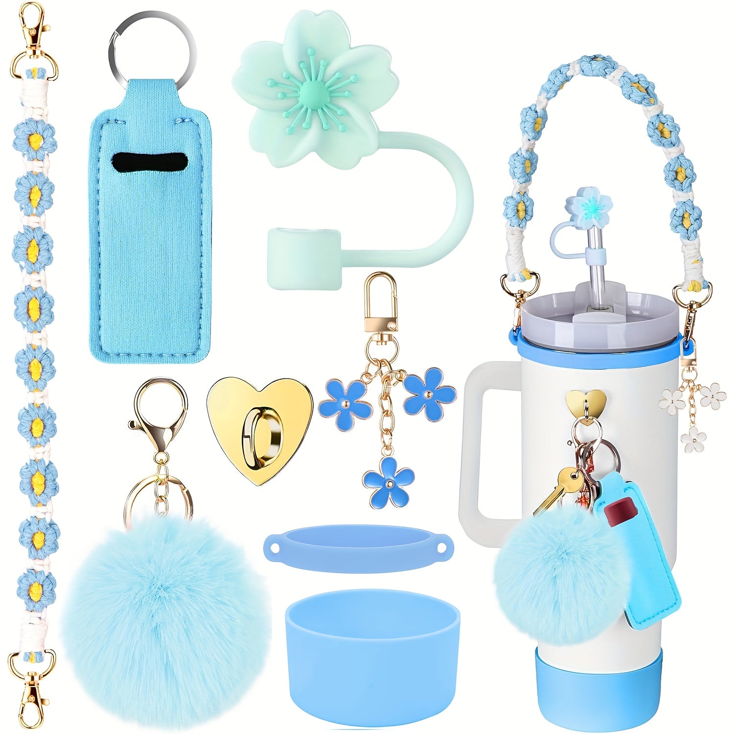 8pcs Cup 30oz 40oz Tumbler Accessories with Handle, Includes Water Bottle Handle Strap, Lipstick Case, Boots, Keychain Charm, Straw Top (Purple)