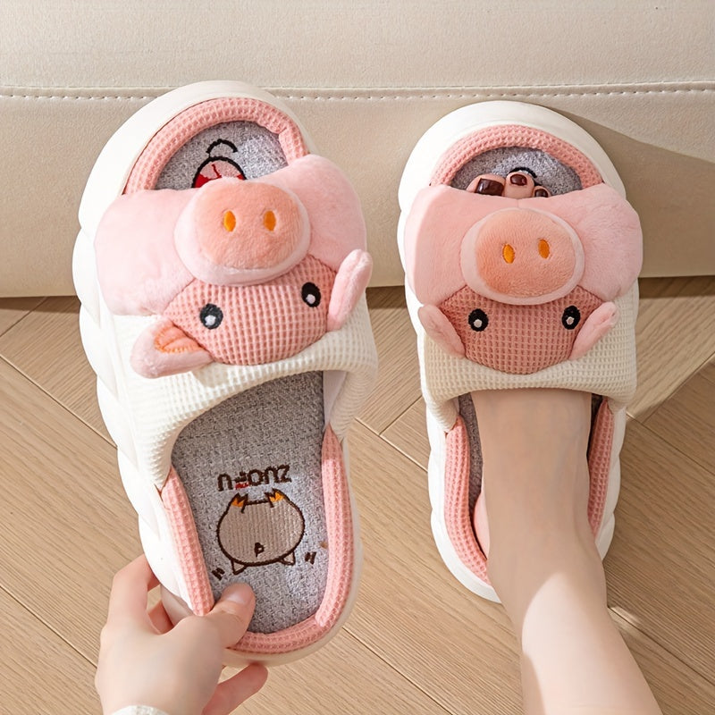 Adorable Kawaii Cartoon Pig Slippers for Women - Ultra-Comfortable Open-Toe Slip-On Shoes with Soft Cushioning, Breathable Mesh Panels, and Sturdy Platform Soles - Cute Animal Design, Perfect for Lounging Around, Sleeping, or