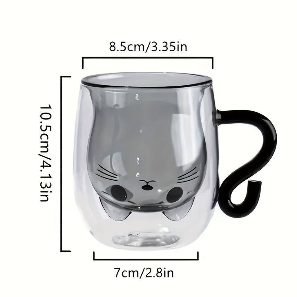 1pc Cute Kawaii Cat Coffee Mug with Double-Wall Insulated Glass Cup, Japanese-Style Brown & White Cat Face Design, Reusable Thermal Cup for Hot/Cold Drinks, Lid Compatible, Perfect Birthday/Christmas Gift for Women & Girls, M