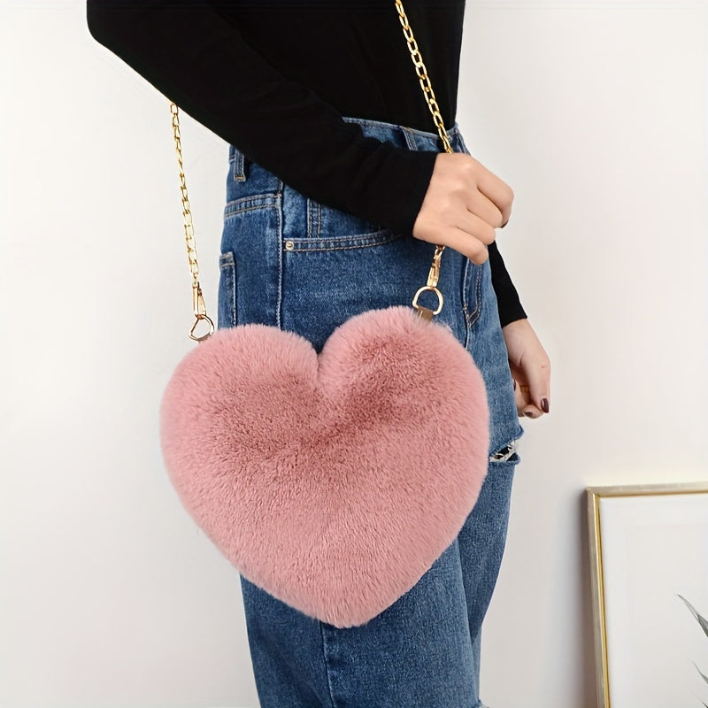 Heart Shaped Plush Bag, Women's Chain Crossbody Bag, Kawaii Zipper Purse For Valentine's Day
