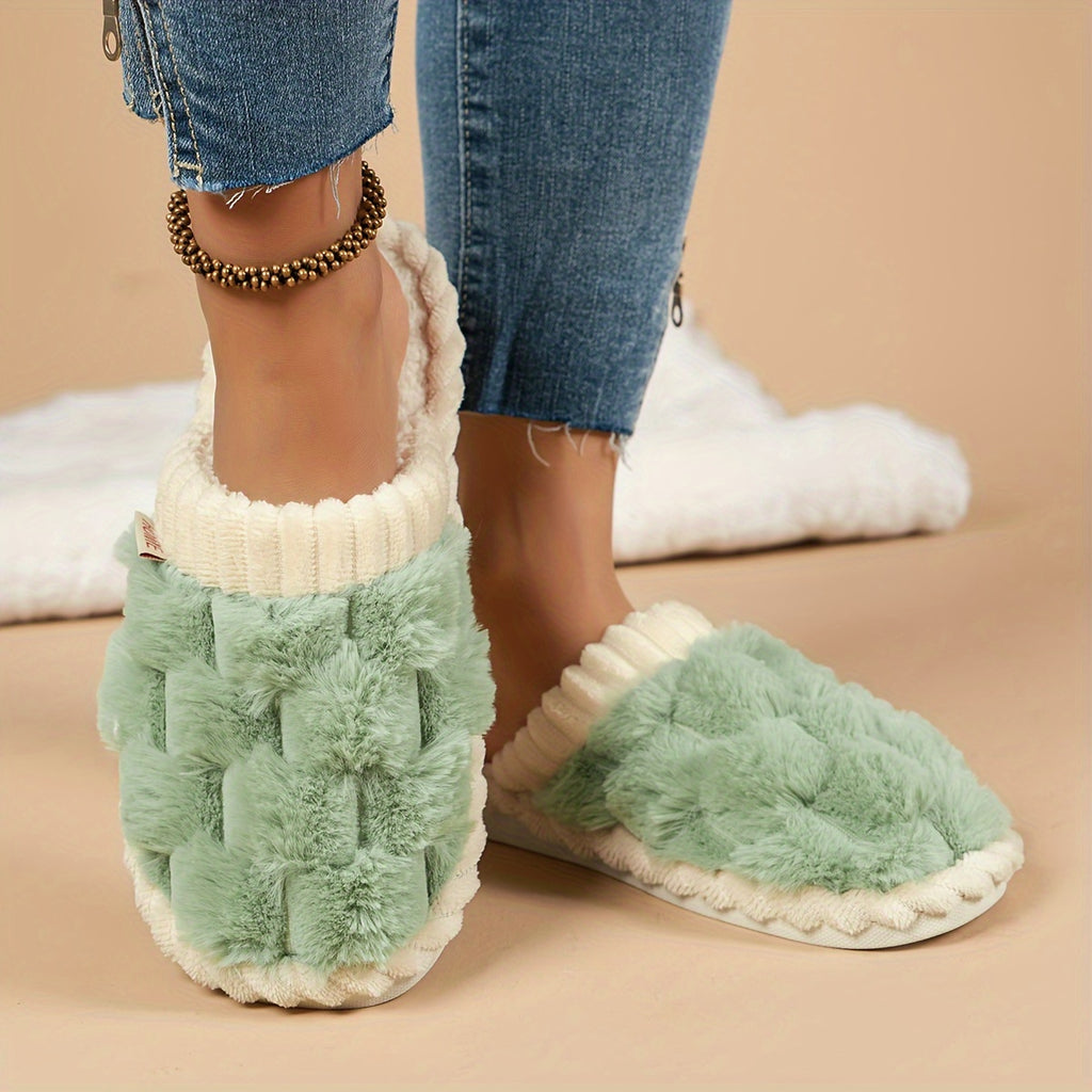 [Cozy Plush Slippers] Soft & Warm Women's Winter Plush Slippers | Cozy Chic Indoor Comfort with Non-Slip PVC Sole, Cream Cuff Detail, Hand Washable