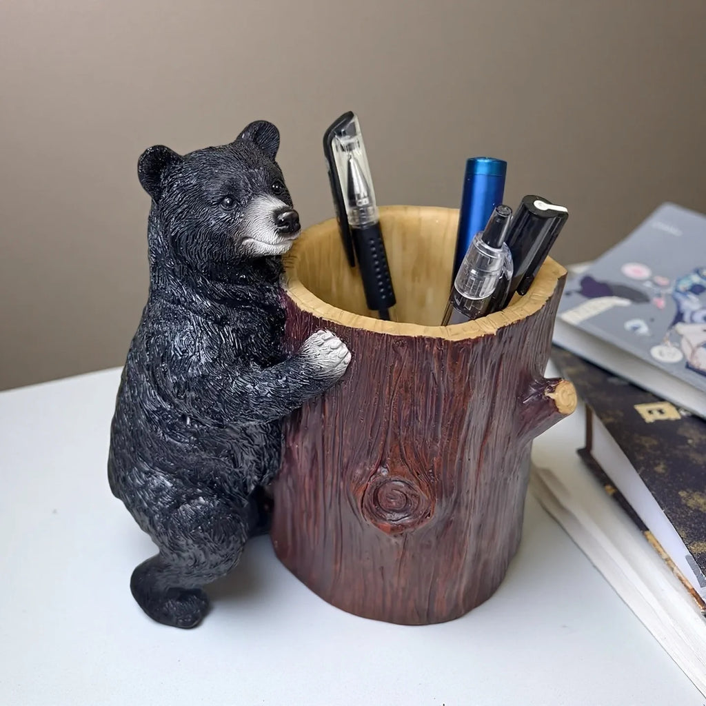MILDAHJOY Black Bear Resin Pen Holder - Cute Desk Organizer for Makeup Brushes, Pens, and Stationery, Perfect for Home