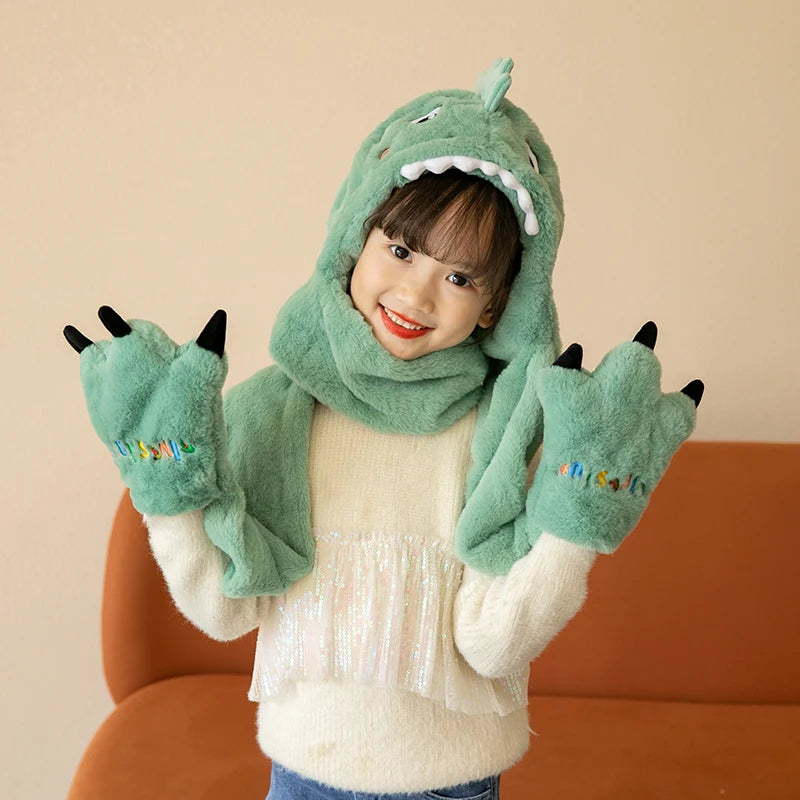 Cute Animal Thermal Children Hoodie Beanie Warm Fur Winter Kids Hat Scarf and Gloves Set