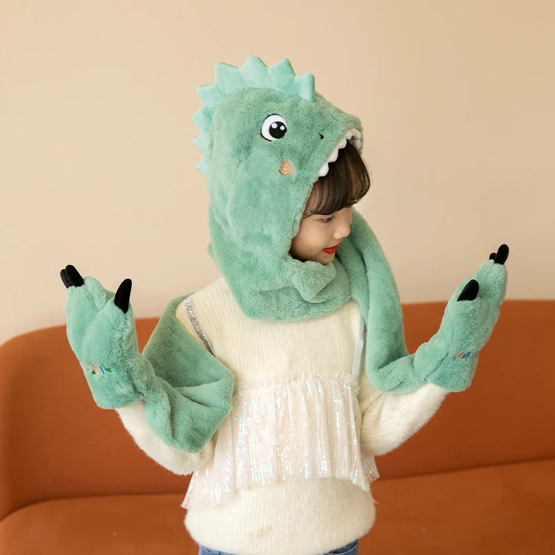 Cute Animal Thermal Children Hoodie Beanie Warm Fur Winter Kids Hat Scarf and Gloves Set