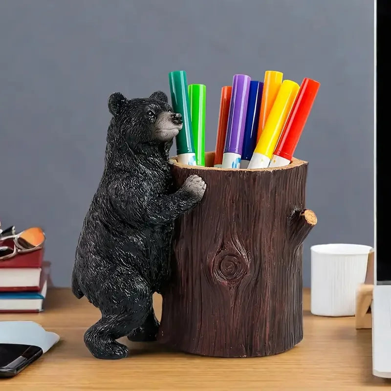 MILDAHJOY Black Bear Resin Pen Holder - Cute Desk Organizer for Makeup Brushes, Pens, and Stationery, Perfect for Home