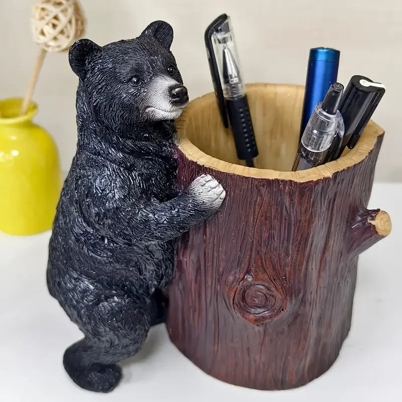 MILDAHJOY Black Bear Resin Pen Holder - Cute Desk Organizer for Makeup Brushes, Pens, and Stationery, Perfect for Home
