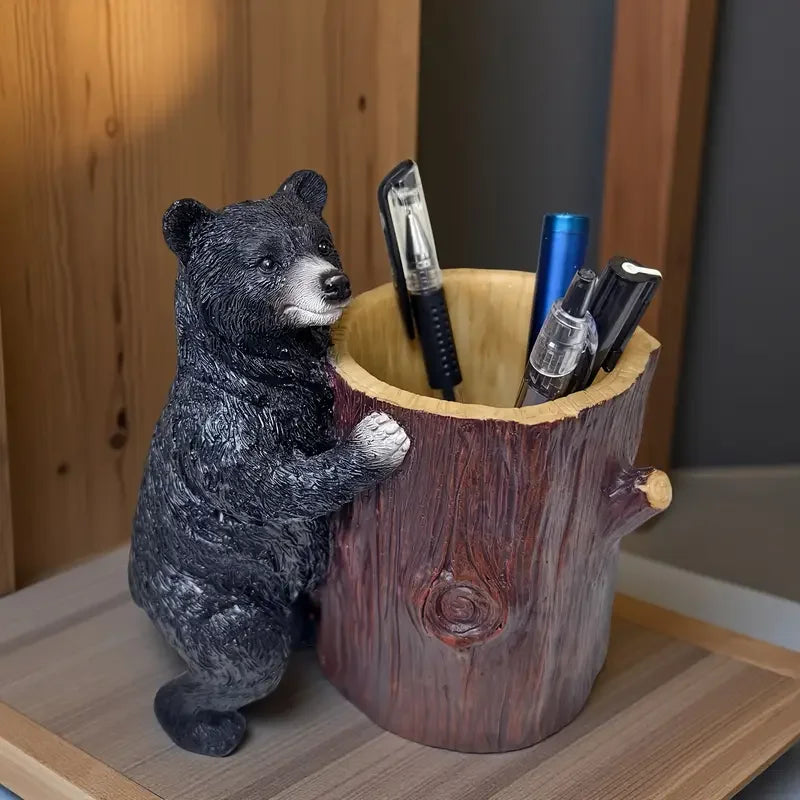 MILDAHJOY Black Bear Resin Pen Holder - Cute Desk Organizer for Makeup Brushes, Pens, and Stationery, Perfect for Home