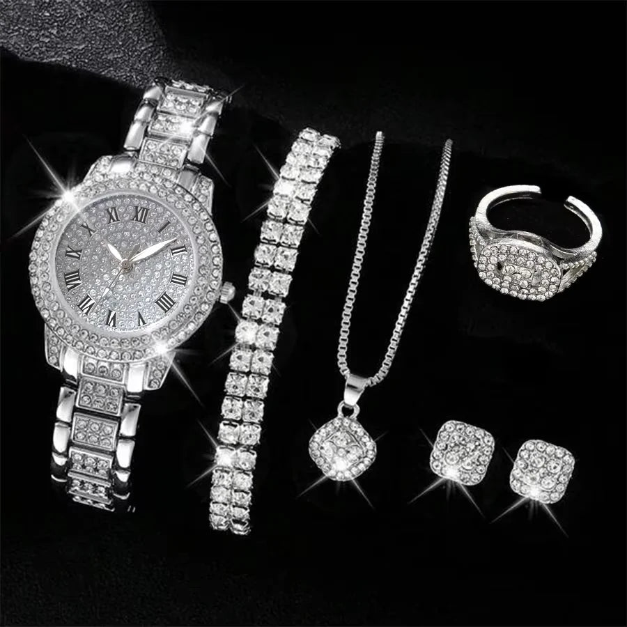 6PCS/SET Silver Women's Watch Business Leisure Element Watch Luxury Dial Quartz Watch Jewelry Set Gift For Her