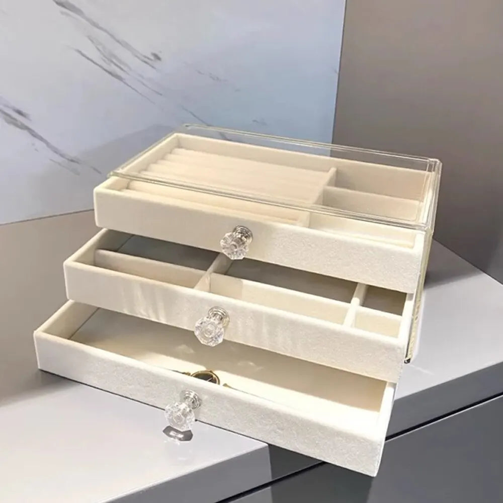1 High-Capacity 3-Layer Flannel Jewelry Box Drawer – Storage for Earrings, Necklaces & Rings