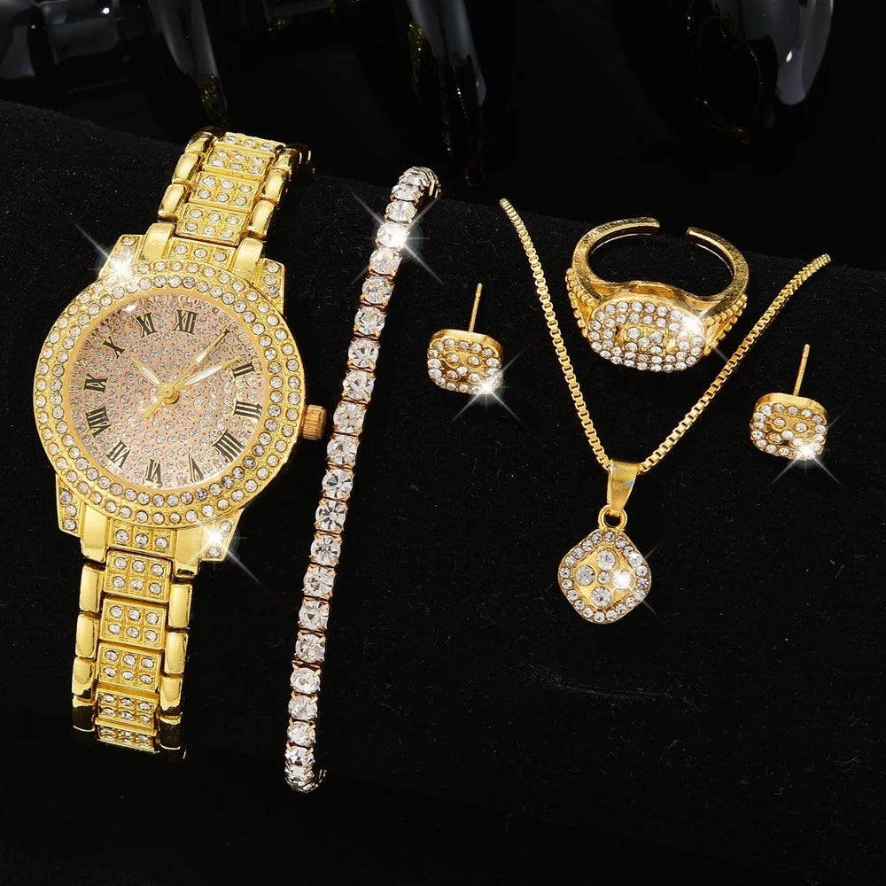 6PCS/SET Silver Women's Watch Business Leisure Element Watch Luxury Dial Quartz Watch Jewelry Set Gift For Her