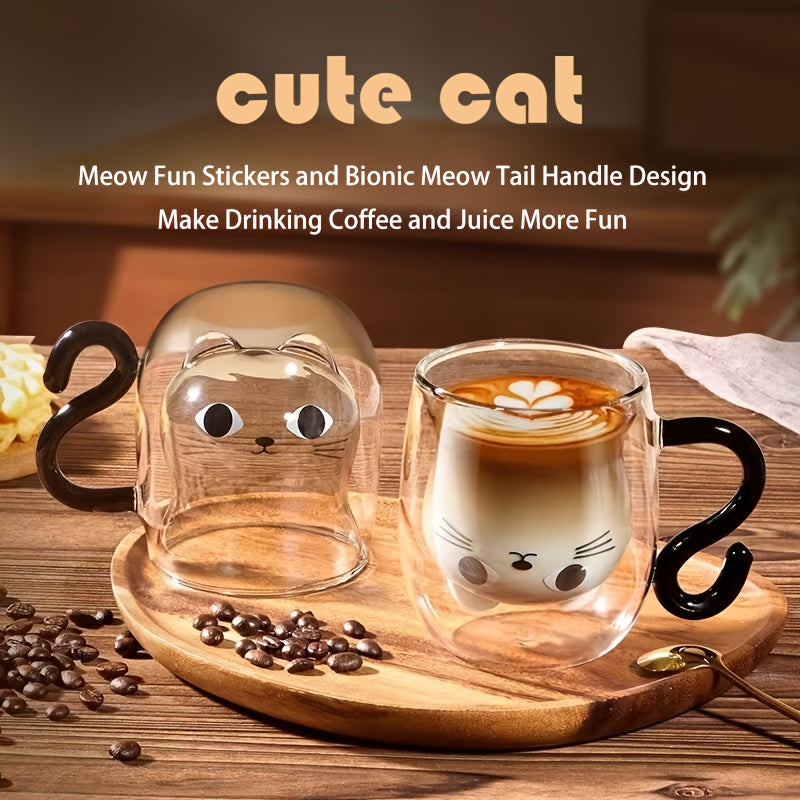 1pc Cute Kawaii Cat Coffee Mug with Double-Wall Insulated Glass Cup, Japanese-Style Brown & White Cat Face Design, Reusable Thermal Cup for Hot/Cold Drinks, Lid Compatible, Perfect Birthday/Christmas Gift for Women & Girls, M
