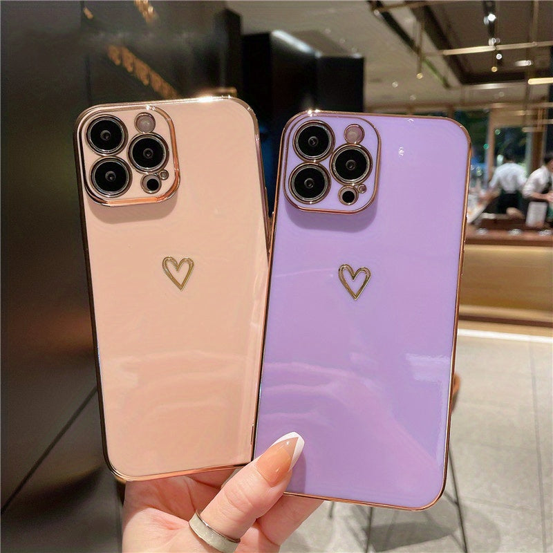 Plating Love Heart Shockproof Soft Phone Case for iPhone 14 13 12 11 Pro Max Plus Lens Camera Protective Cover
