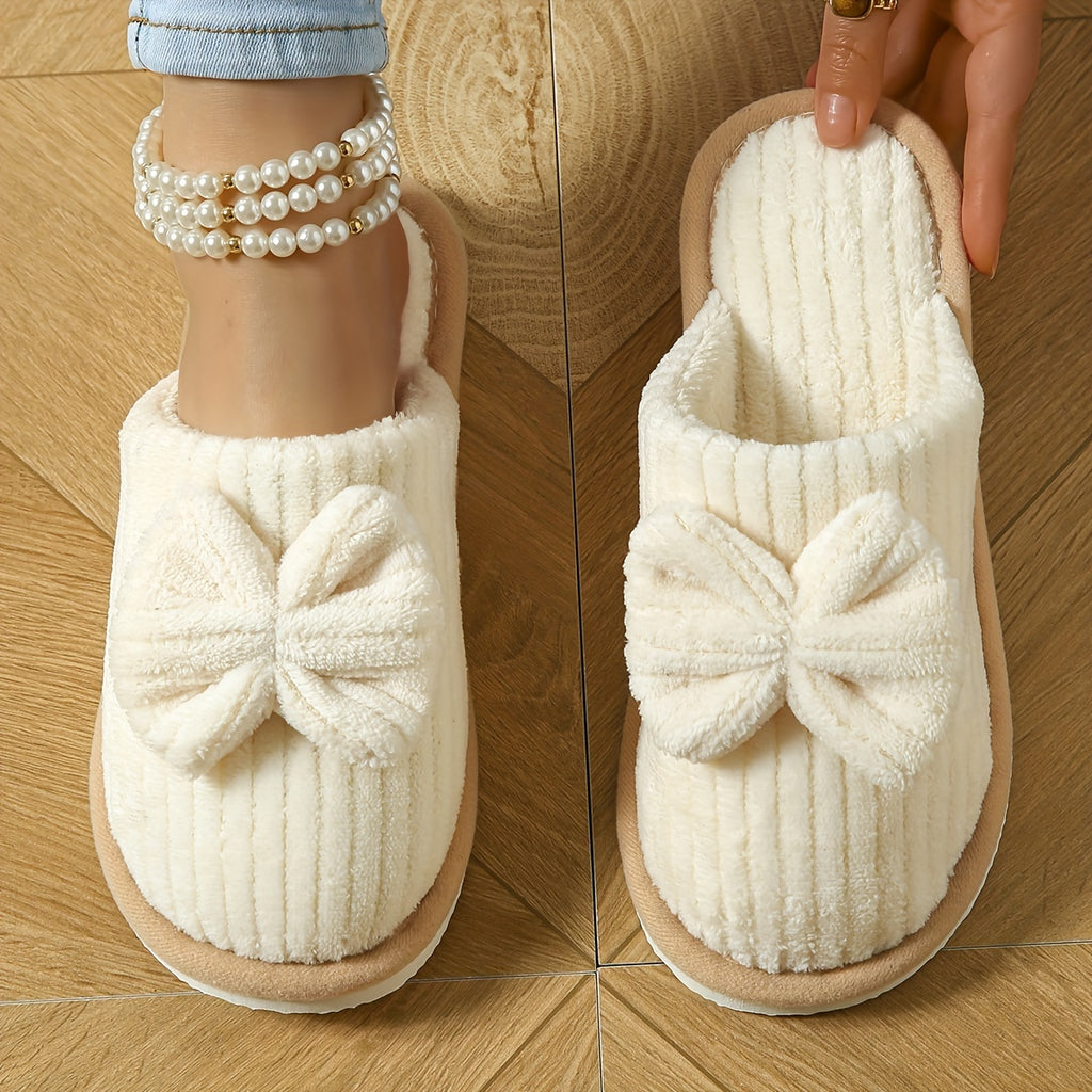 [Cozy Slippers] Cozy Fleece-Lined Women's Slip-On Winter Slippers | Soft All-Season Indoor House Shoes for Home & Couples, Casual Slip-On Design with Bow Detail, EVA Sole