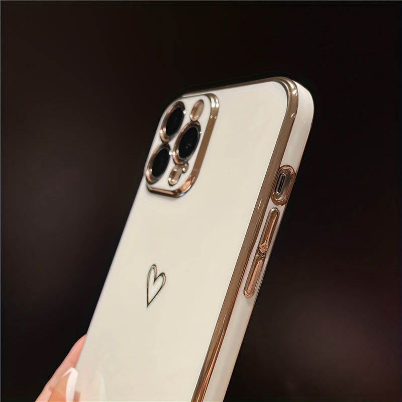 Plating Love Heart Shockproof Soft Phone Case for iPhone 14 13 12 11 Pro Max Plus Lens Camera Protective Cover