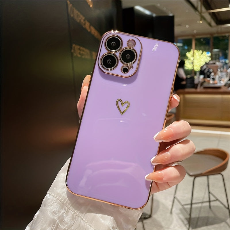 Plating Love Heart Shockproof Soft Phone Case for iPhone 14 13 12 11 Pro Max Plus Lens Camera Protective Cover