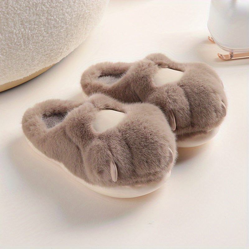 Kawaii Cat Plush Slippers, Warm Fuzzy Slip-On Mules for Women, Cozy Home Slippers