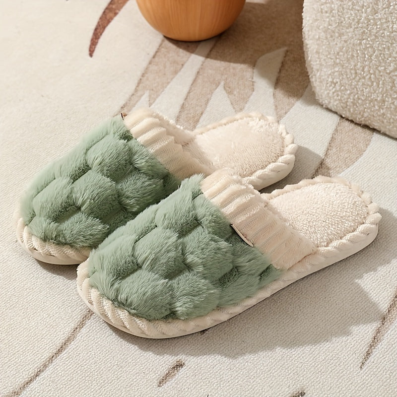 [Cozy Plush Slippers] Soft & Warm Women's Winter Plush Slippers | Cozy Chic Indoor Comfort with Non-Slip PVC Sole, Cream Cuff Detail, Hand Washable