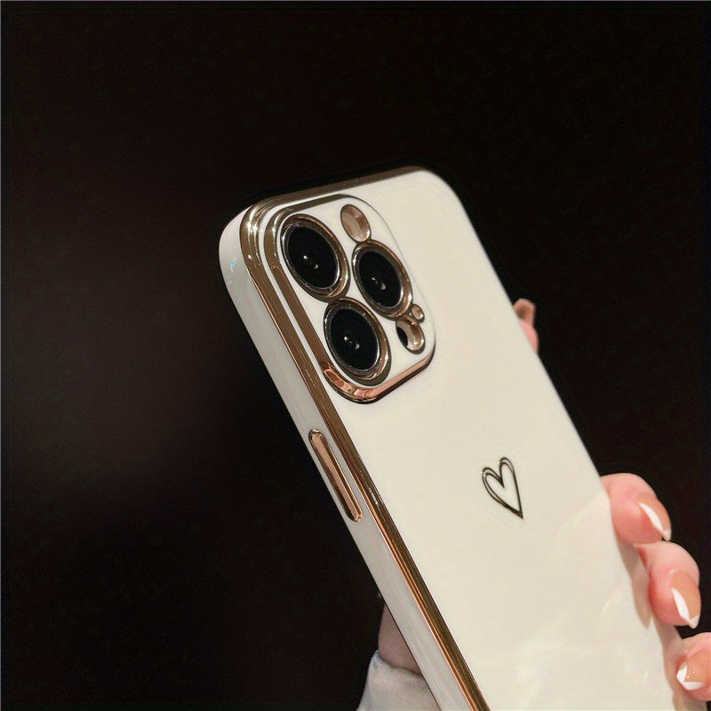 Plating Love Heart Shockproof Soft Phone Case for iPhone 14 13 12 11 Pro Max Plus Lens Camera Protective Cover