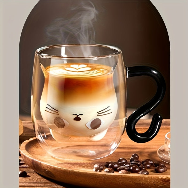 1pc Cute Kawaii Cat Coffee Mug with Double-Wall Insulated Glass Cup, Japanese-Style Brown & White Cat Face Design, Reusable Thermal Cup for Hot/Cold Drinks, Lid Compatible, Perfect Birthday/Christmas Gift for Women & Girls, M