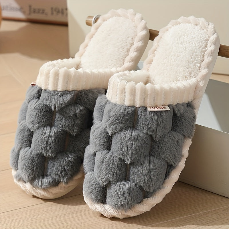 [Cozy Plush Slippers] Soft & Warm Women's Winter Plush Slippers | Cozy Chic Indoor Comfort with Non-Slip PVC Sole, Cream Cuff Detail, Hand Washable