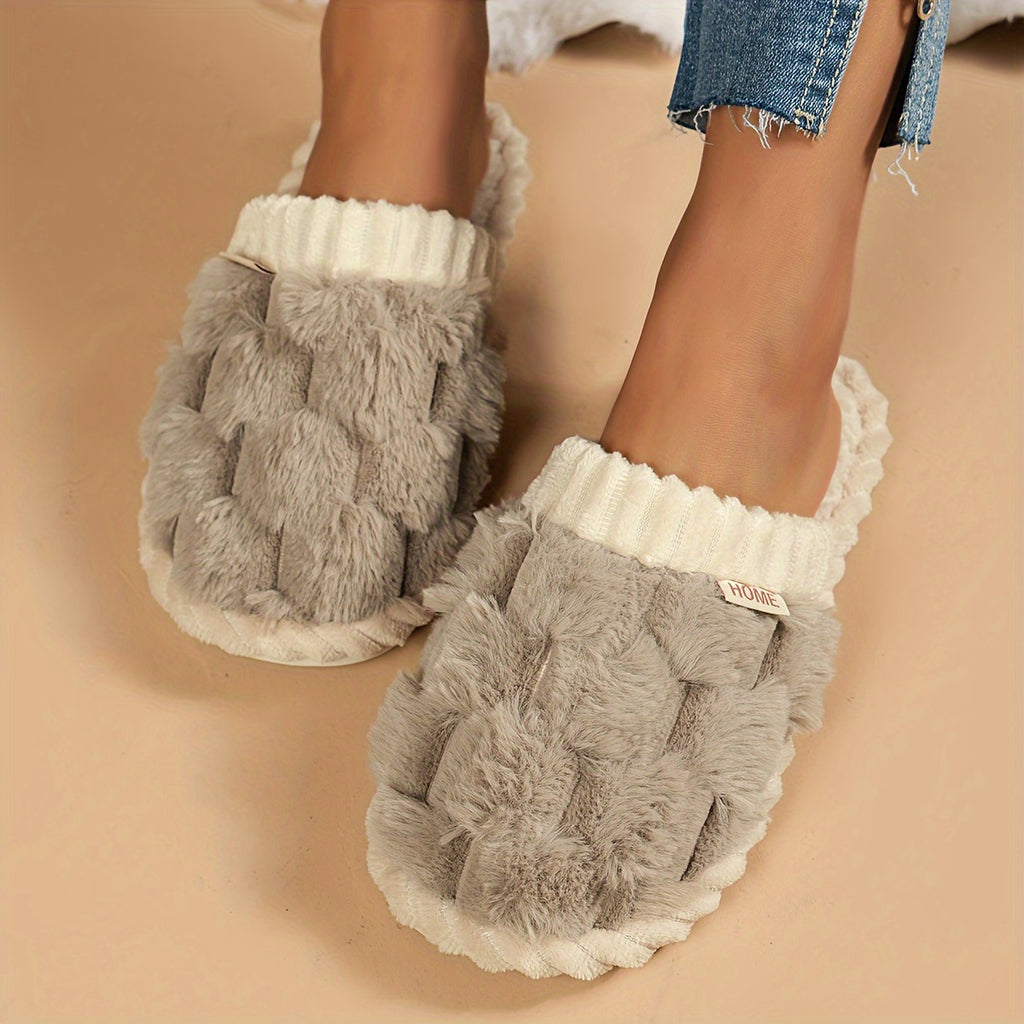 [Cozy Plush Slippers] Soft & Warm Women's Winter Plush Slippers | Cozy Chic Indoor Comfort with Non-Slip PVC Sole, Cream Cuff Detail, Hand Washable