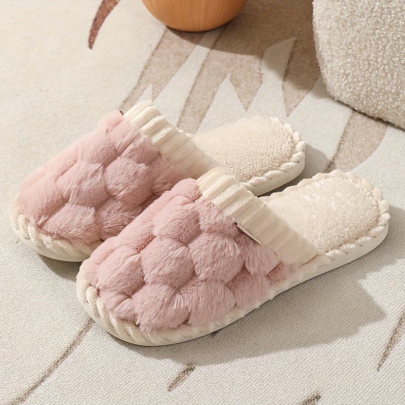 [Cozy Plush Slippers] Soft & Warm Women's Winter Plush Slippers | Cozy Chic Indoor Comfort with Non-Slip PVC Sole, Cream Cuff Detail, Hand Washable