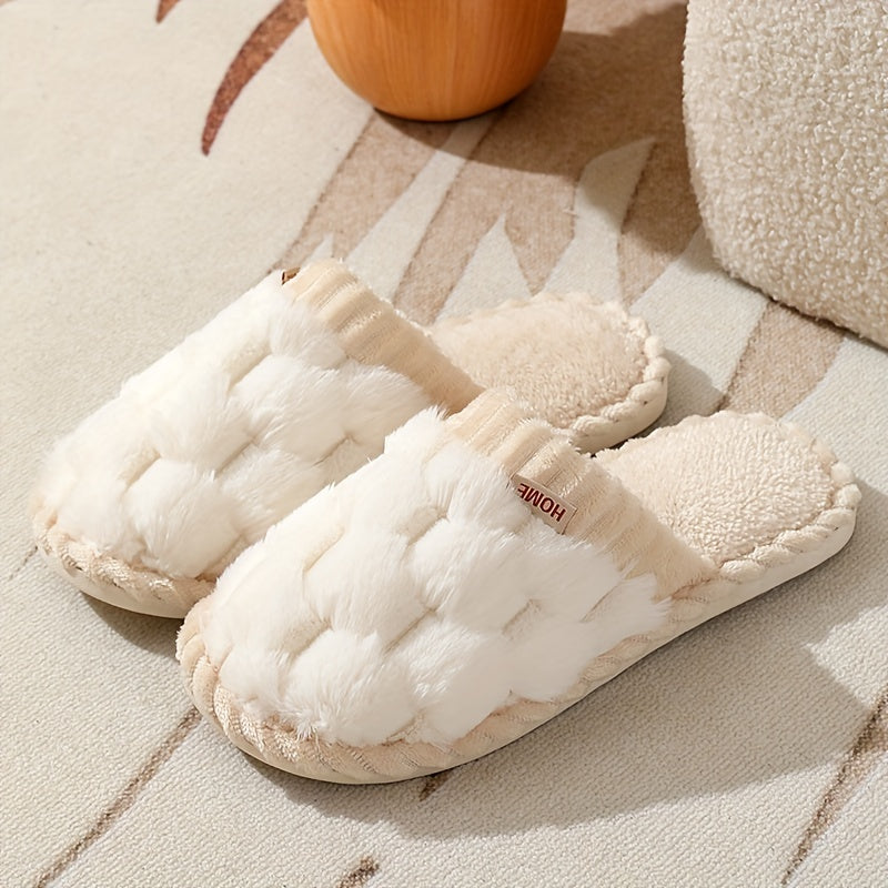 [Cozy Plush Slippers] Soft & Warm Women's Winter Plush Slippers | Cozy Chic Indoor Comfort with Non-Slip PVC Sole, Cream Cuff Detail, Hand Washable