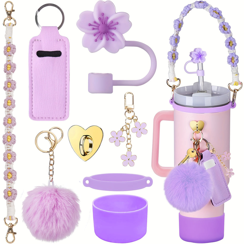 8pcs Cup 30oz 40oz Tumbler Accessories with Handle, Includes Water Bottle Handle Strap, Lipstick Case, Boots, Keychain Charm, Straw Top (Purple)