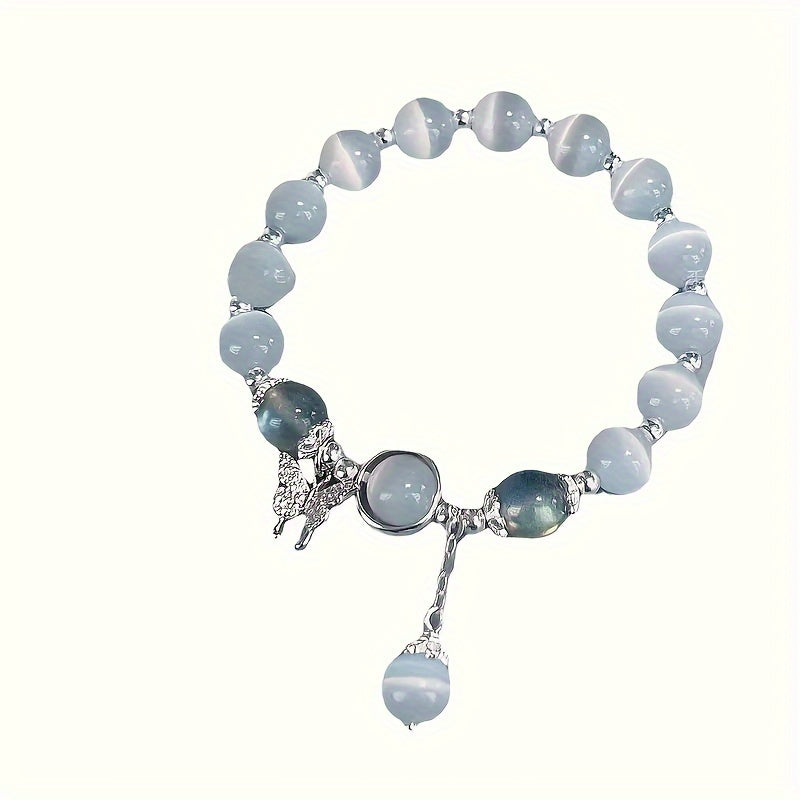 Cute Glass Beaded 1pc Cat Eye Stone Bracelet - With Butterfly Charm - Perfect Gift