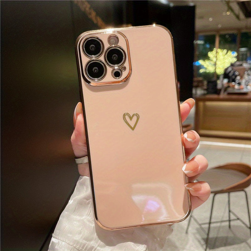 Plating Love Heart Shockproof Soft Phone Case for iPhone 14 13 12 11 Pro Max Plus Lens Camera Protective Cover