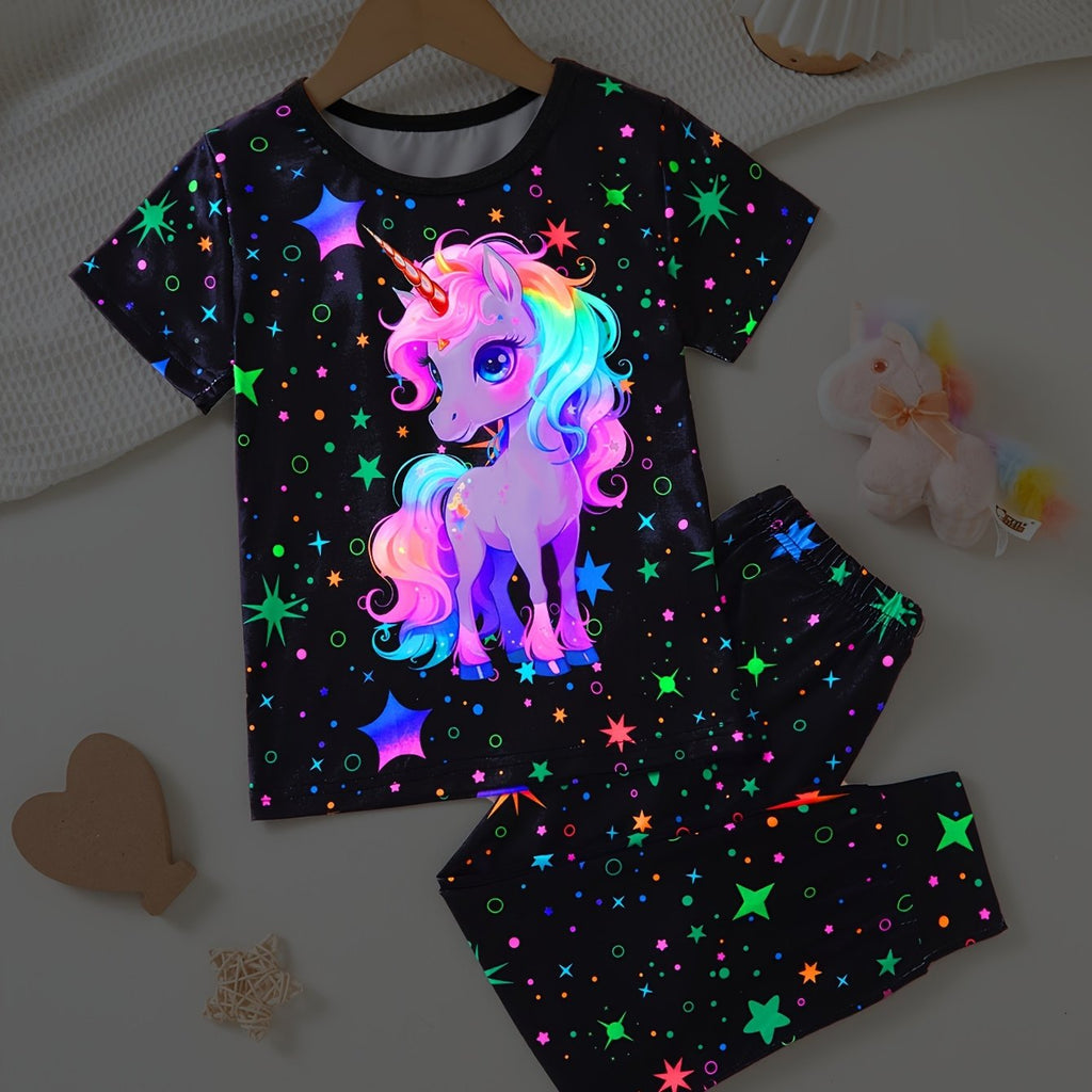 Girls' Spring/Autumn/Summer 2pcs Set with Luminous Cute Unicorn Pattern Round Neck Hoodie T-shirt Short Sleeve Top + Luminous Starry Sky Print Elastic Waist Trousers with Tied Feet Pants Cute Style Pants Suit, Suitable for Ou