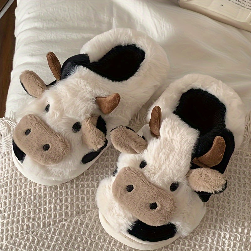 Cute Cartoon Cow Slippers, Winter Warm Plush Indoor Home Shoes, Unisex Half Slipper with TPR Sole, Fabric Insole & Lining, All-Season Cozy Footwear