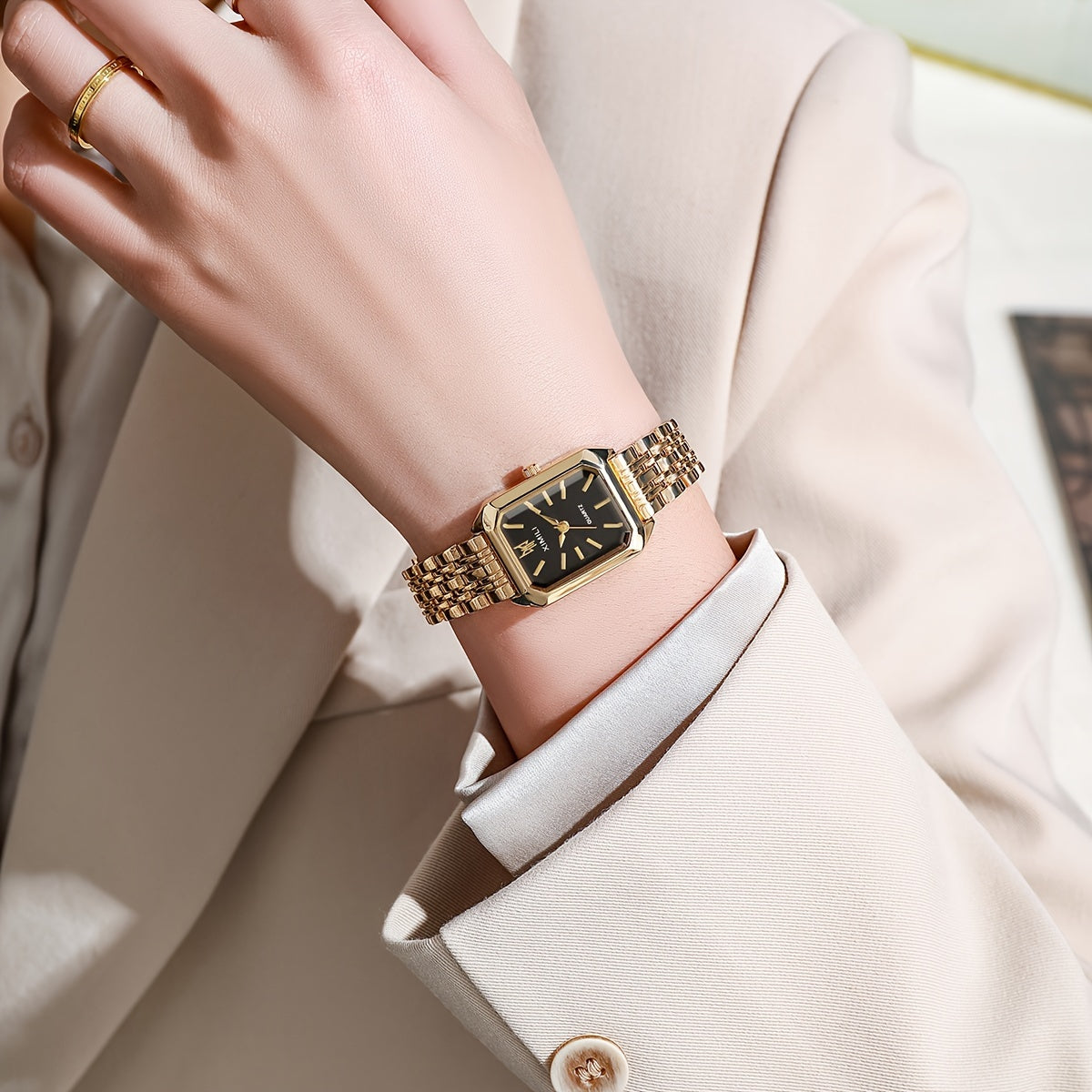 Luxury Golden Rectangle Quartz Watch - Women's Analog Fashion Wrist Watch For Daily Life