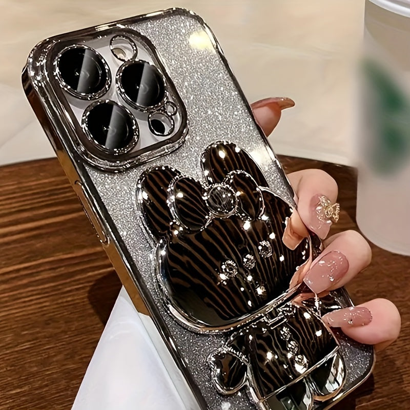 Deluxe Electroplated Phone Case, Invisible Makeup Mirror, Cute Rabbit Phone Holder And Hidden Bracket Shockproof Ultra-thin Protection Suitable For IPhone 11/12/13/14/15 Pro Max